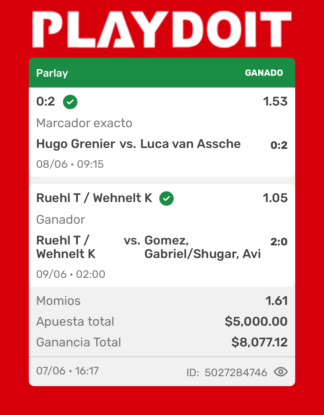 Ticket ganado — Tenis, Parlay, 7 Jun